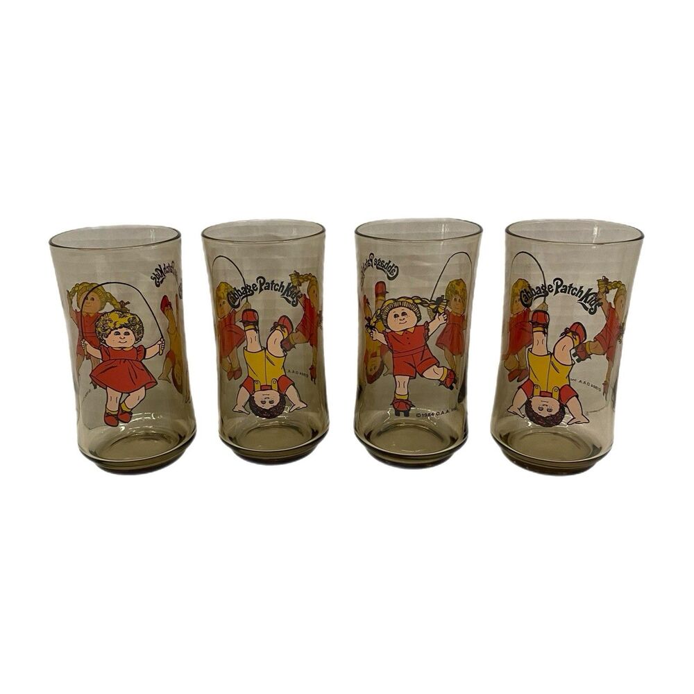 Vintage 1984 Cabbage Patch Kids Glasses Tumblers Smoke Tinted Set Of 4 OAA